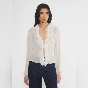 Aritzia Wilfred Sheer White Ruffle Long Sleeve Tie Front Frenchy Blouse Size XL